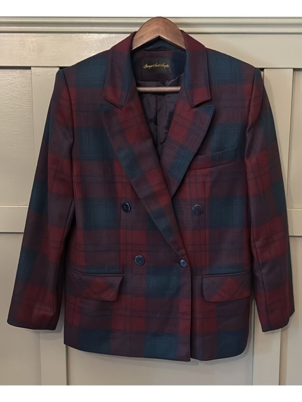 Giorgio Sant'Angelo Vintage Wool Plaid Blazer Double Breasted Burgundy Navy 8